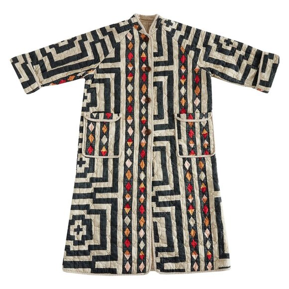 Jungalow Geometric Patterned Coat - Navy, Cream, Orange - Picture 1 of 10